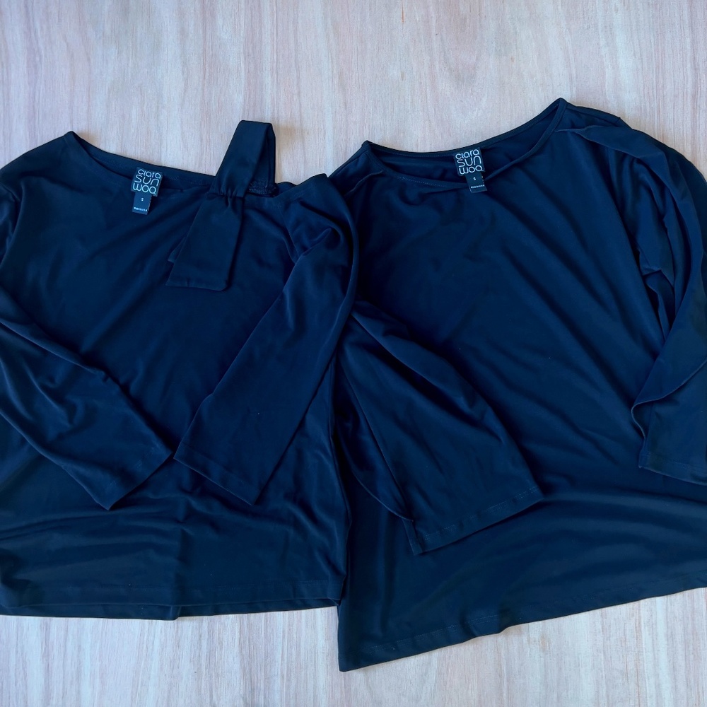 Clara Sun Woo 2 top bundle sz S small black stretch cold shoulder ruffles USA